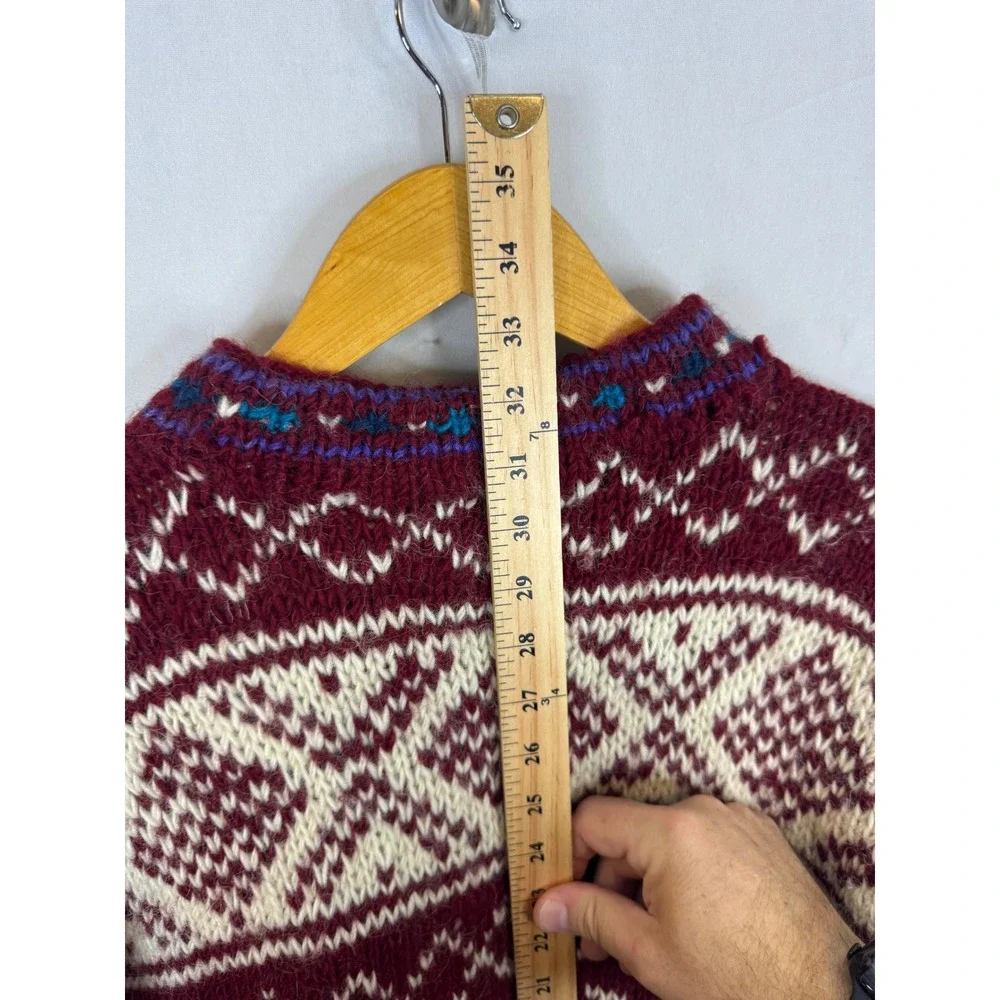 Handmade Wool Fair Isle Nordic Henley Sweater Burgundy Cream XL
